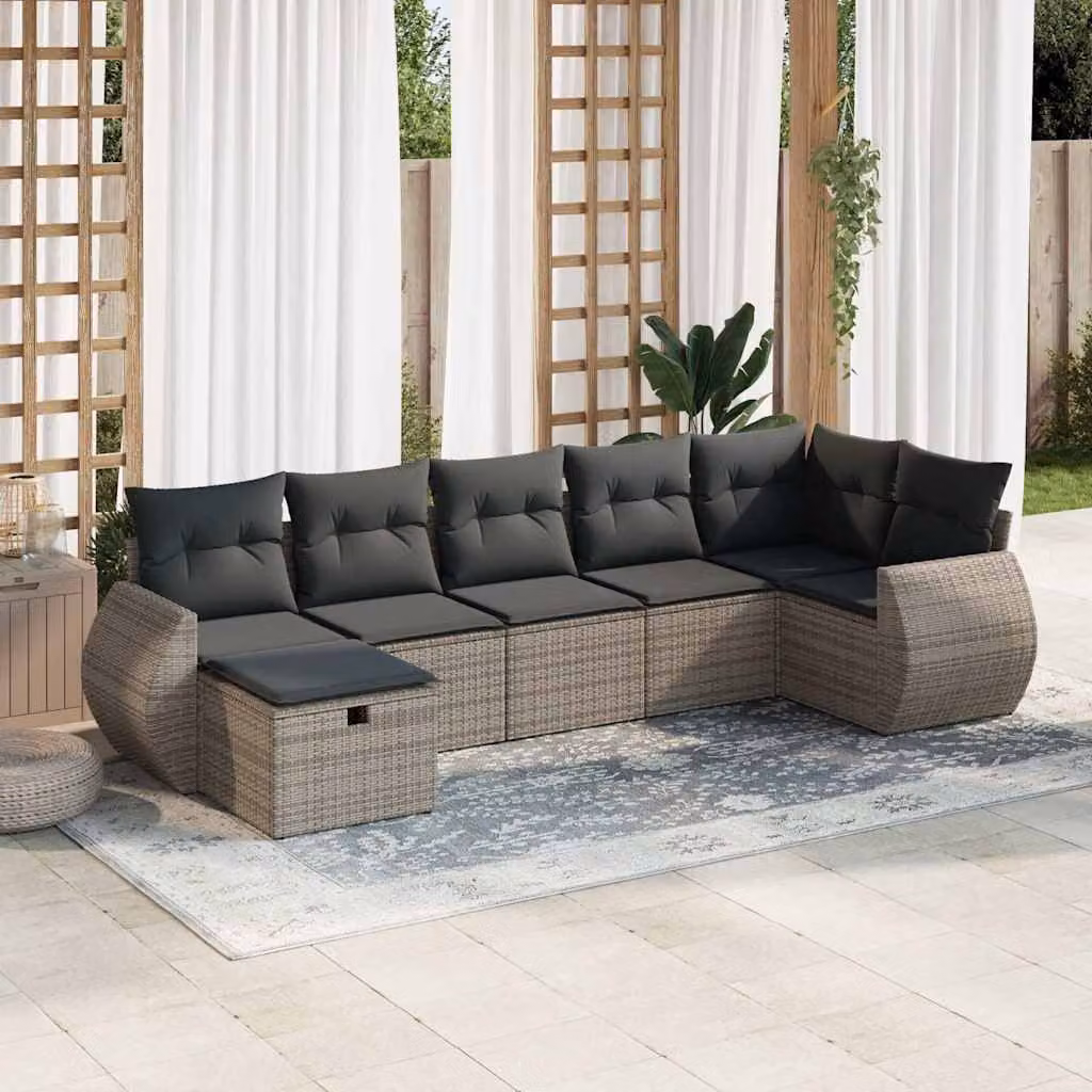 Set di divani da giardino vidaXL in polyrattan grigio con 7 pezzi e cuscini inclusi
