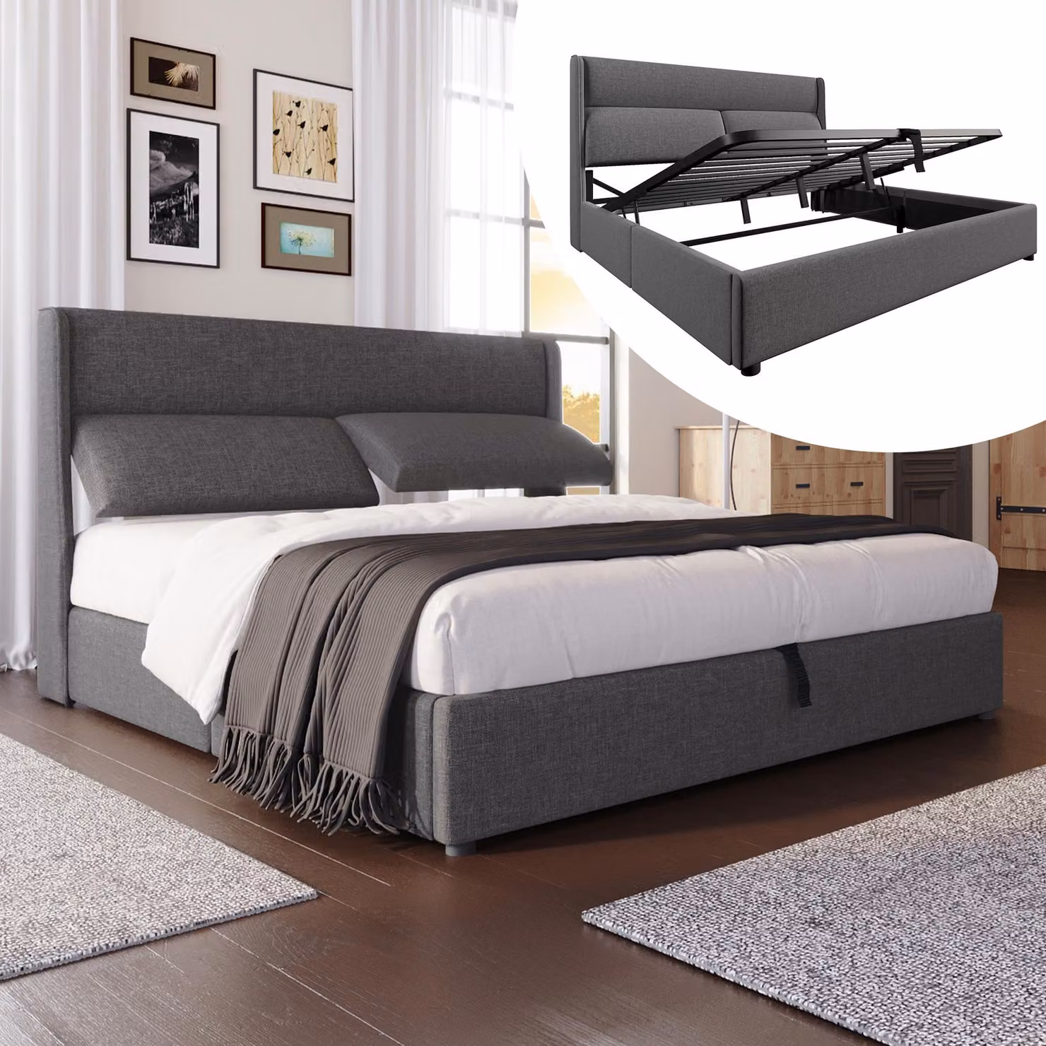 Letto imbottito matrimoniale 160x200 cm con poggiatesta regolabili, struttura letto idraulica con spazio contenitore, rivestito in lino e dotato di rete a doghe in metallo