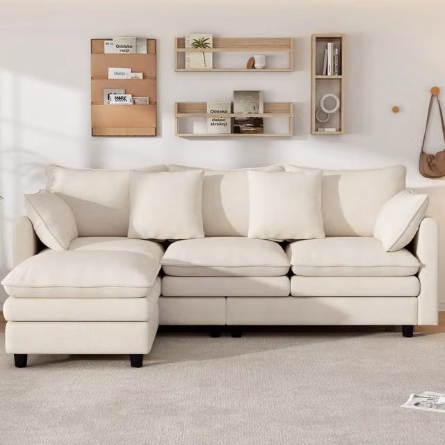 Divano angolare a 3 posti in ciniglia con chaise longue mobile, 4 cuscini e 3 schienali beige 212 × 150 × 90 cm