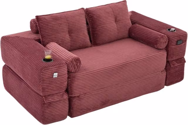 Divano letto modulare 180x98x80 cm in velluto a coste con portabevande e tasche; rosso vino