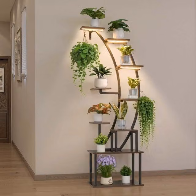 Scaffale per Piante da Interno a 9 Livelli con Luci LED 1600 mm SSPS-02-EU, Portafiori in Metallo e Legno, Robusto e Salvaspazio