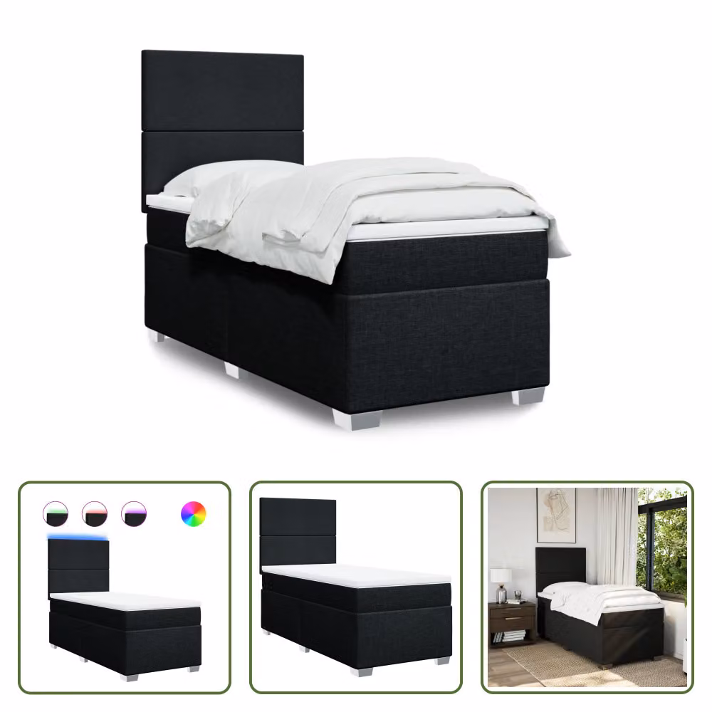 The Living Store Letto a molle con materasso nero 90x190 cm in tessuto