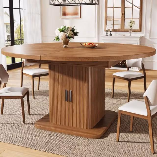 Tavolo da pranzo allungabile ovale con mobile contenitore, ante scorrevoli e ripiano estraibile, in MDF effetto legno