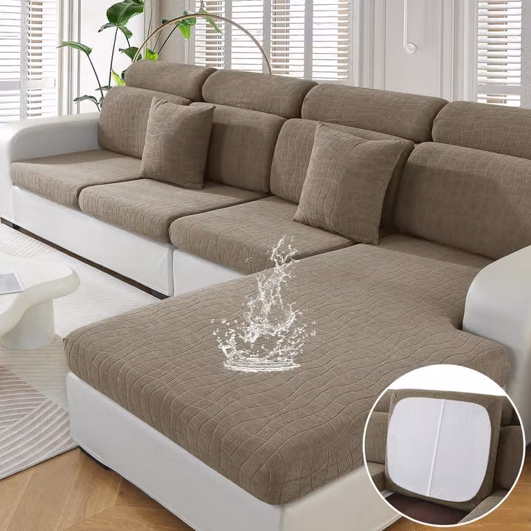 Copertura elastica impermeabile per cuscini da seduta, colore kaki, confezione da 3 coperture per sedute singole e 1 copertura per chaise longue
