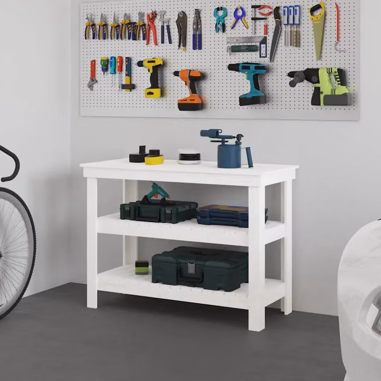 vidaXL Banco da lavoro con scaffale in legno di pino bianco L 110,4 cm x P 16,4 cm x H 80 cm