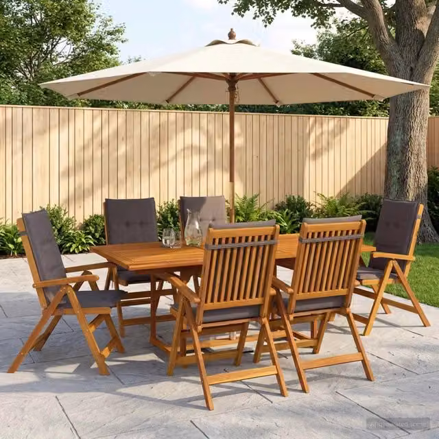 Set da pranzo da esterno vidaXL in legno di acacia con ombrellone, 8 pezzi per 6 persone, colore antracite e marrone