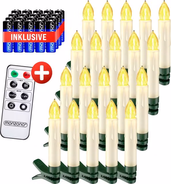 Set di 20 candele a forma di albero di Natale Monzana® LED bianco caldo con effetto flickering, timer e telecomando, alimentazione a batteria – 1
