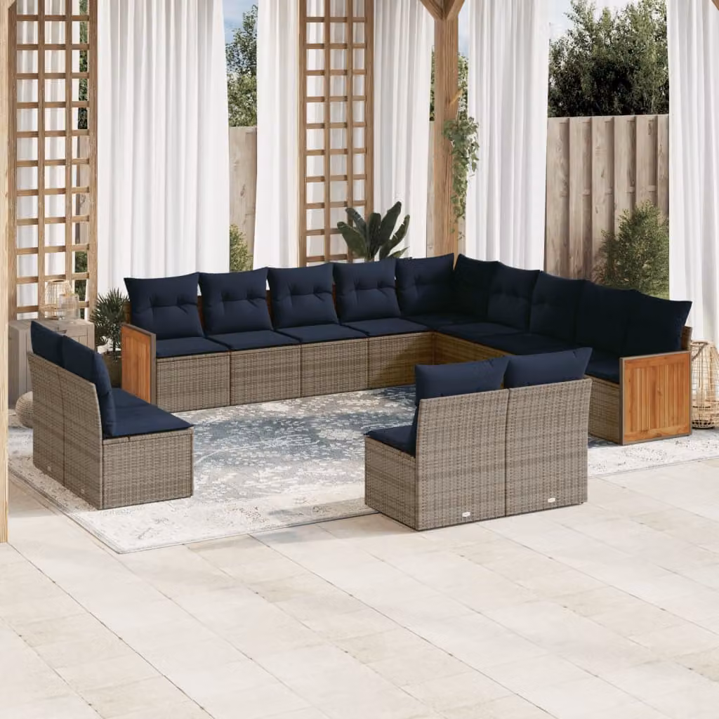Set di divani da giardino vidaXL a forma di U composto da 13 pezzi con cuscini in poliestere resistente ai raggi UV e struttura in rattan, metallo e legno di acacia, colore grigio