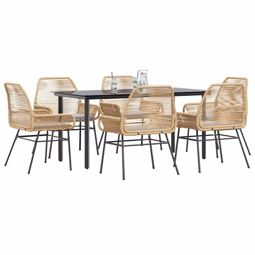Set da pranzo da giardino vidaXL in polyrattan marrone con 7 pezzi, tavolo rettangolare in vetro e sedie con cuscini