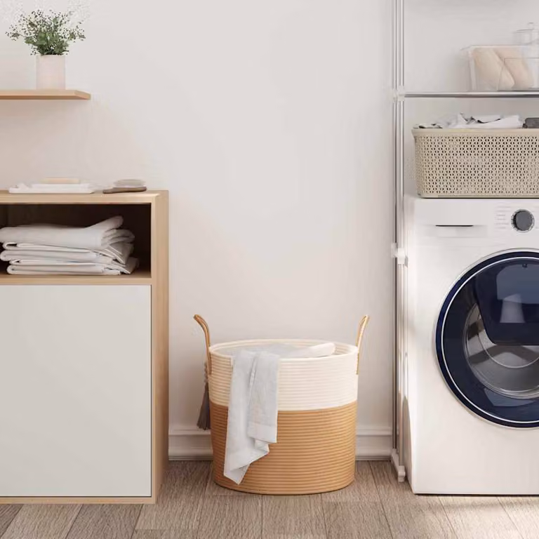 Cestino portaoggetti vidaXL in tessuto multicolore marrone e bianco con maniglie e struttura pieghevole, Ø40 x H 35 cm