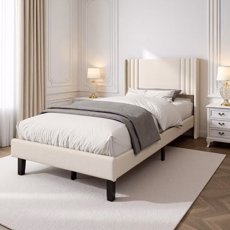 Letto singolo ProximaX 90×200 cm beige – Letto in tessuto di lino, solida rete a doghe, 15 cm di spazio contenitivo, letto da camera da letto in stile moderno