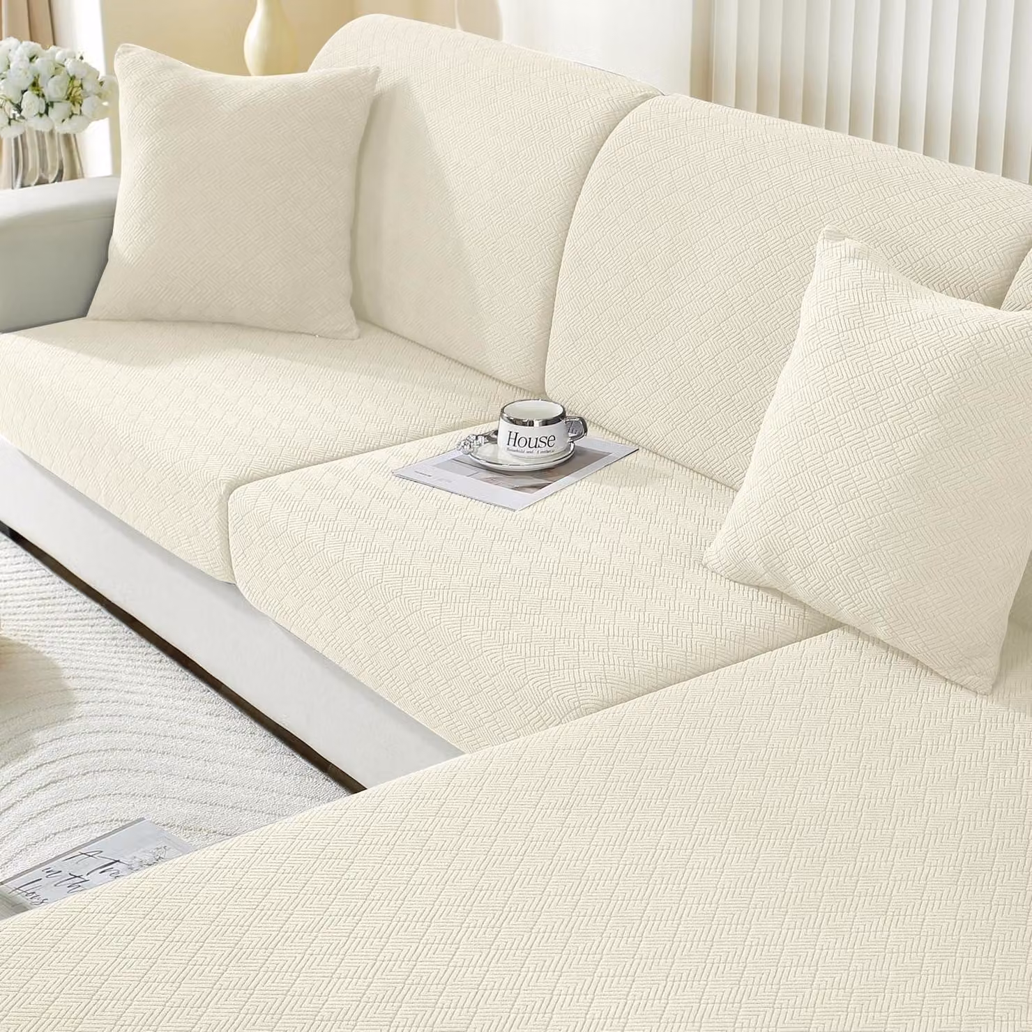Copertura per cuscino da seduta, elasticizzata, antiscivolo, universale, lavabile, per 1 posto + divano a due piazze con chaise longue, colore beige