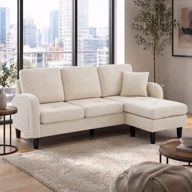 Sofa angolare modulare con chaise longue 166 x 118 x 77 cm; beige chiaro in tessuto effetto lino