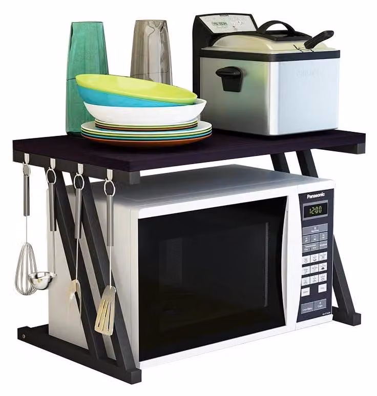 Ripiano per microonde - Scaffale da cucina - Con vano portaoggetti - Salvaspazio - Ripiano per piano di lavoro 57x38x38 cm - Nero