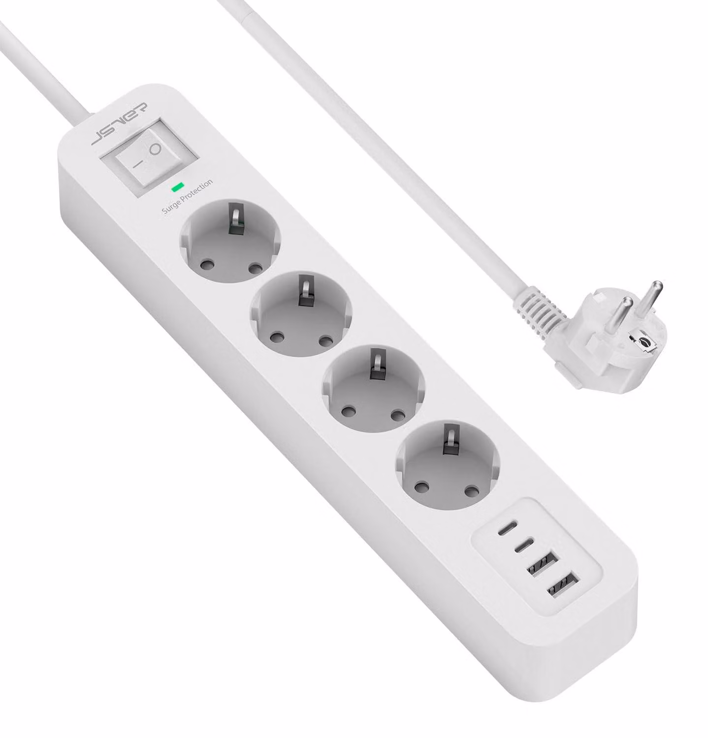 Ciabatta multipresa con 4 prese e 4 porte di ricarica USB, dotata di protezione contro le sovratensioni