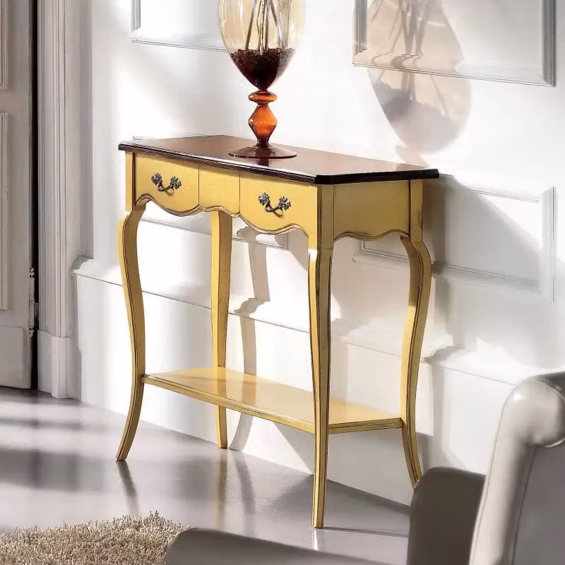 Consolle classica in legno con 2 cassetti stile shabby chic bicolore giallo e marrone L/P/H: 88 x 33 x 79 cm - Mobili 2G – 1