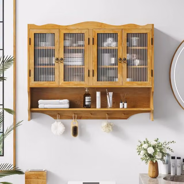 Armadio Pensile REDOM con 4 Ante in Legno e Vetro, Colore Beige e Marrone, L: 100 cm, P: 20 cm, H: 80 cm