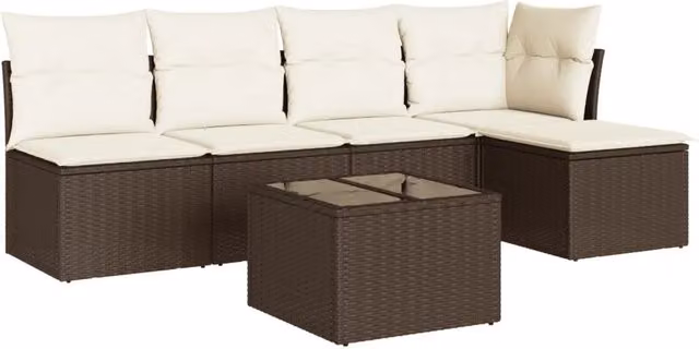 Set Divano da Giardino 6 pz | Set Salotto da Giardino con Cuscini Marrone in Polyrattan