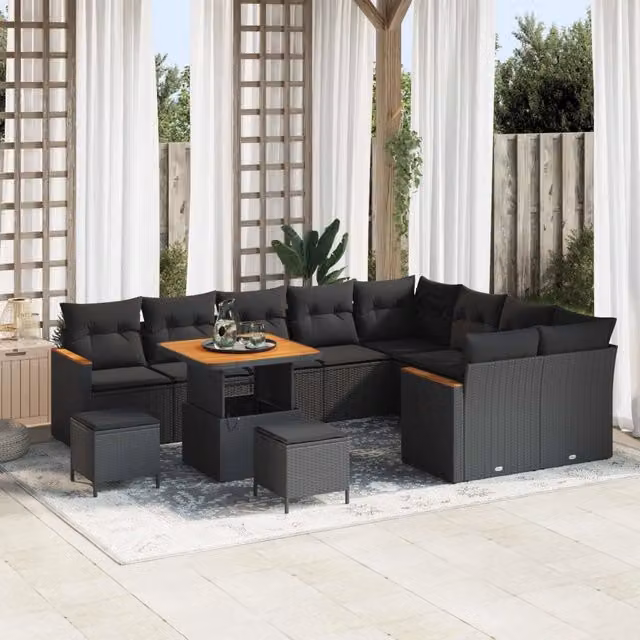 Set Divano da Giardino a Forma di U vidaXL in Polyrattan Nero con Cuscini e Tavolino da Esterno – 1