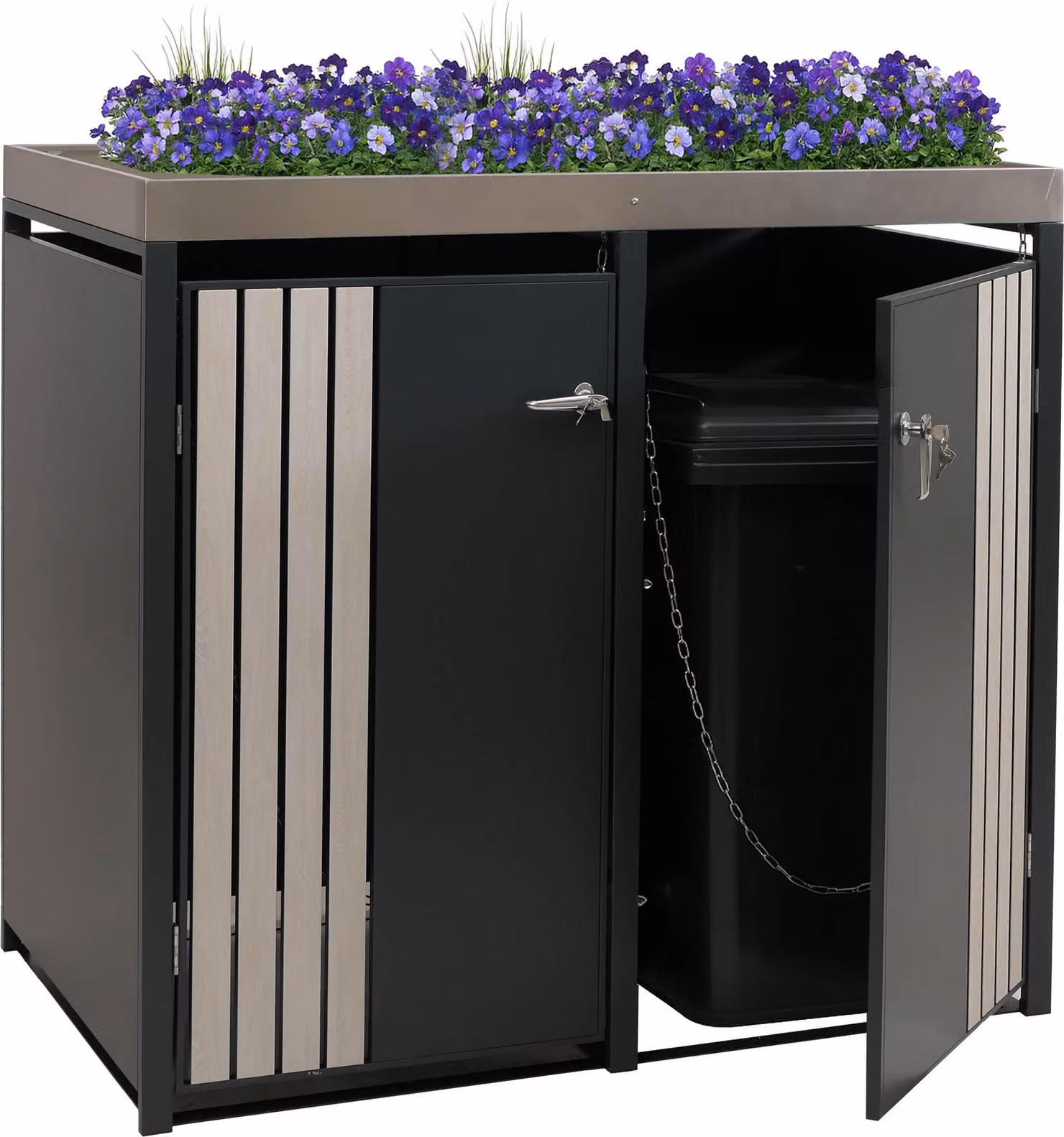 copri cestino a 2 scomparti HWC-O67, cestino con fioriera, metallo 125x132x84cm 55kg ~ antracite look legno chiaro