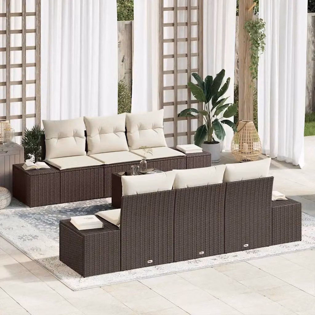 Set Divano da Giardino vidaXL 7 Pezzi Marrone con Cuscini in Polyrattan e Acciaio Verniciato a Polvere – 1