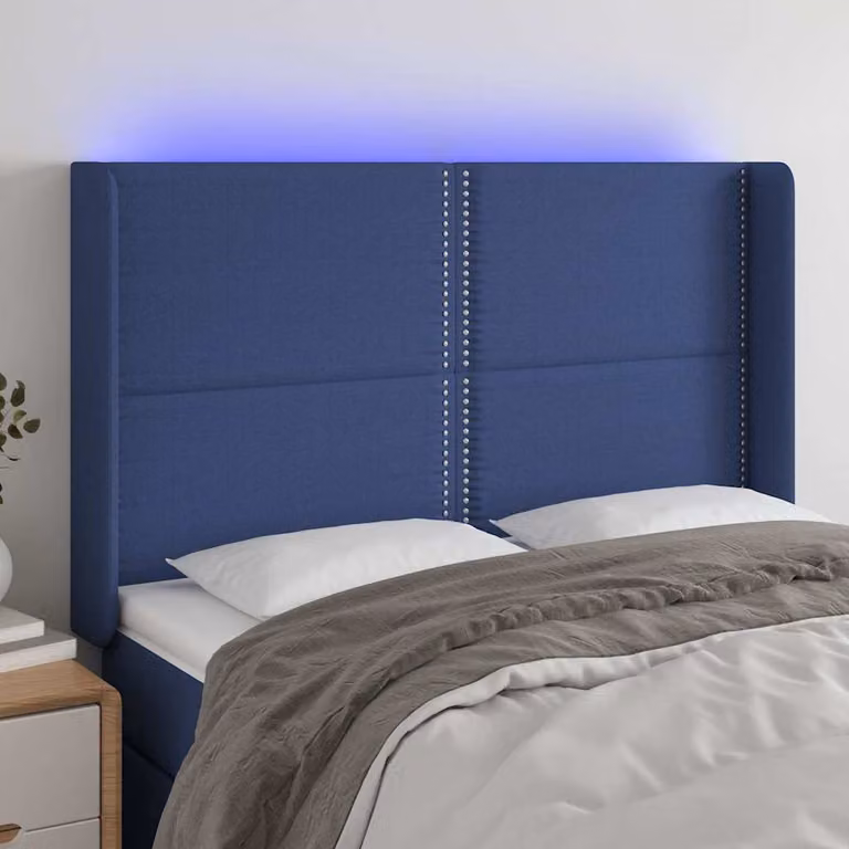 Testiera per letto vidaXL in tessuto blu con illuminazione LED integrata e porta di ricarica USB, L: 147 cm, P: 16 cm, H: 118-128 cm