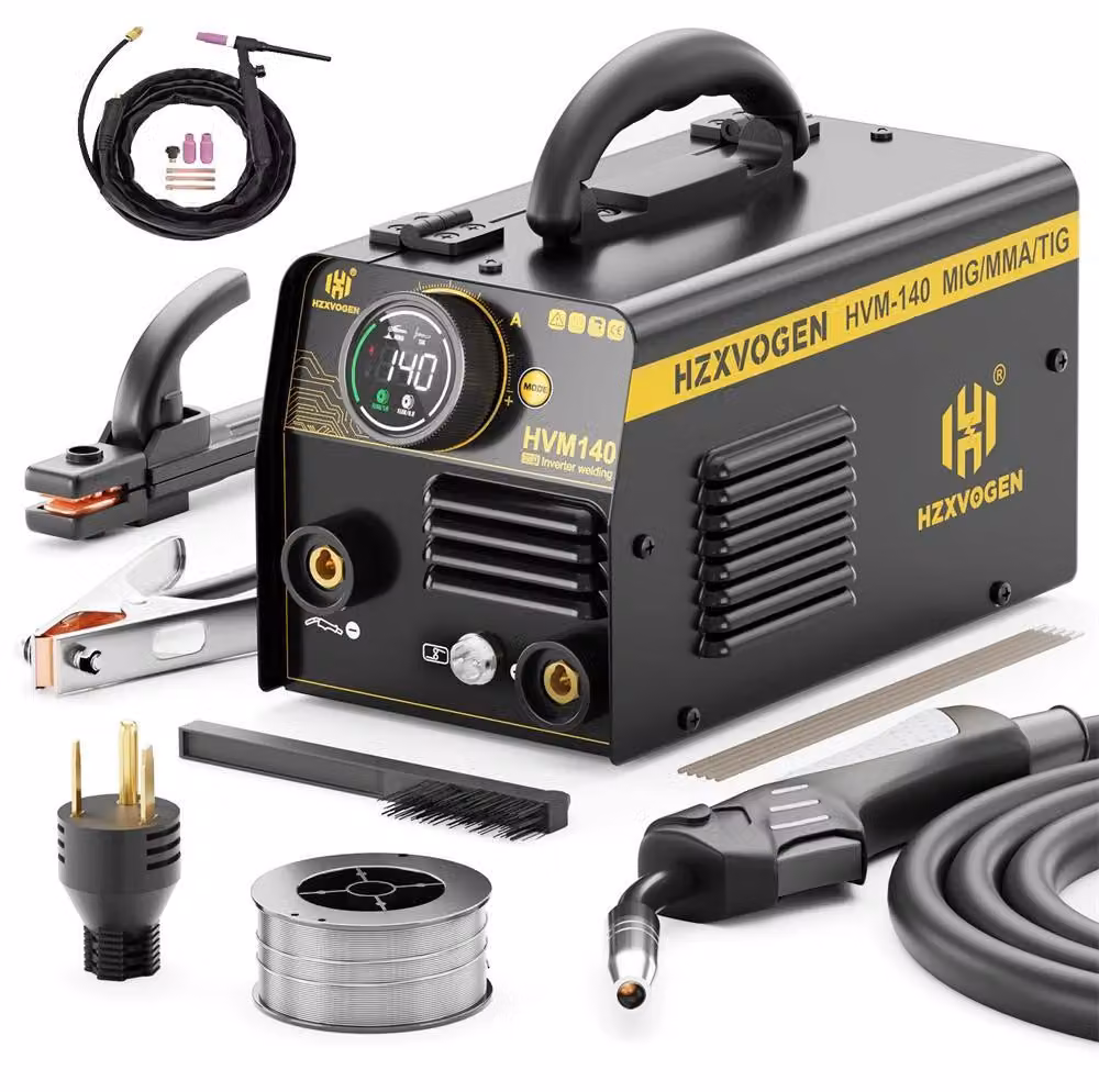 Saldatrice a inverter - HVM140 MIG/MAG - 3-in-1 MIG/MMA/Lift TIG - MIG senza gas - IGBT - Modalità sinergica - Alimentatore filo automatico - Con torcia TIG da 17 V - Grigio-marrone