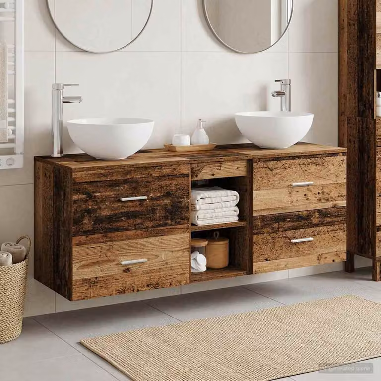 Set di 3 armadi da bagno vidaXL in legno antico e metallo, colore marrone, L 129 cm x P 35 cm x H 80 cm