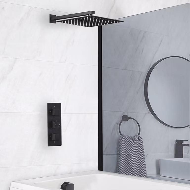 Sistema Termostatico Nero per Doccia e Vasca con Soffione Quadrato a 300mm ed Erogatore Vasca per Troppopieno (2 Vie) - Preto
