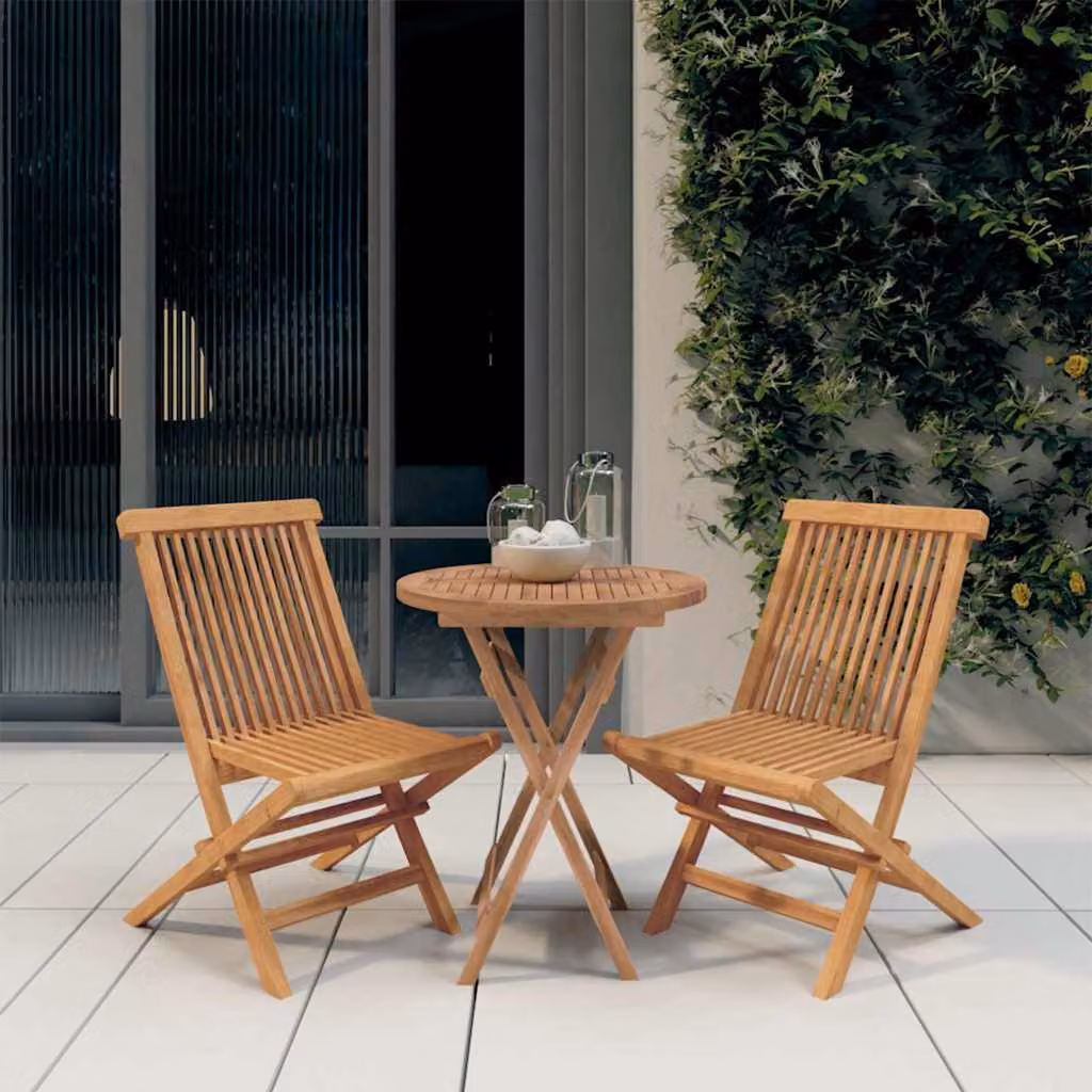 Set da pranzo per giardino e terrazzo vidaXL in legno di teak marrone composto da 3 pezzi con tavolo rotondo e sedie pieghevoli