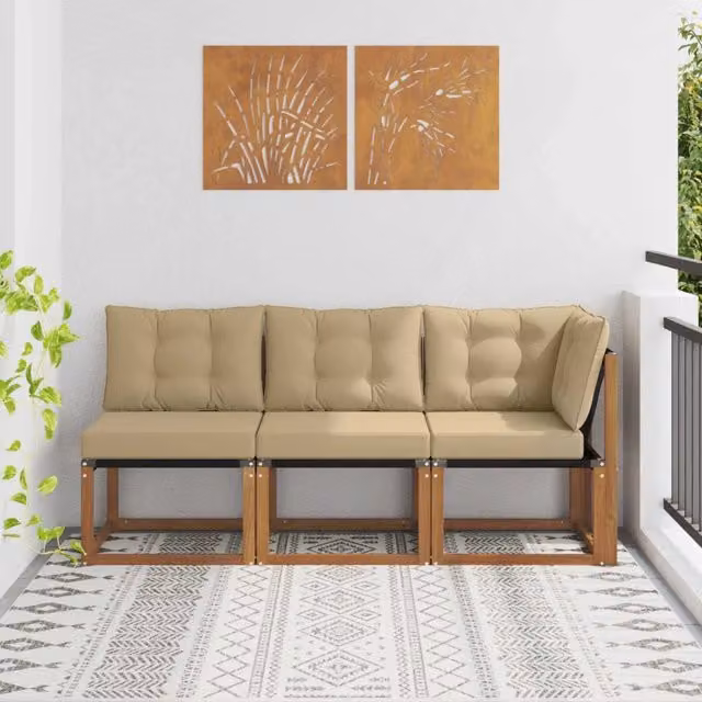 Divano modulare da esterno angolare vidaXL in legno di acacia e tessuto beige con cuscini inclusi