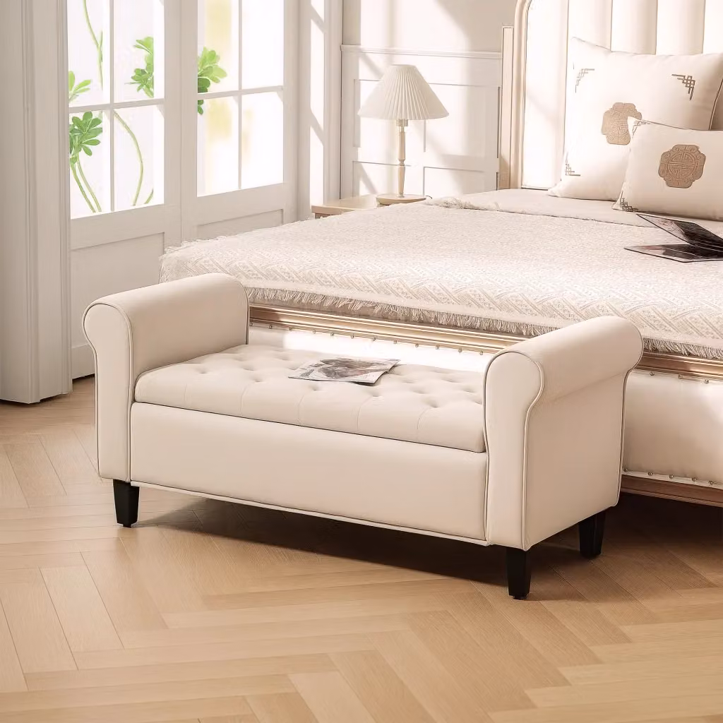 Panca Contenitore Fondoletto Giordanoshop con Braccioli Alti in Tessuto Effetto Velluto Beige L: 126 cm, P: 48,5 cm, H: 57 cm – 2