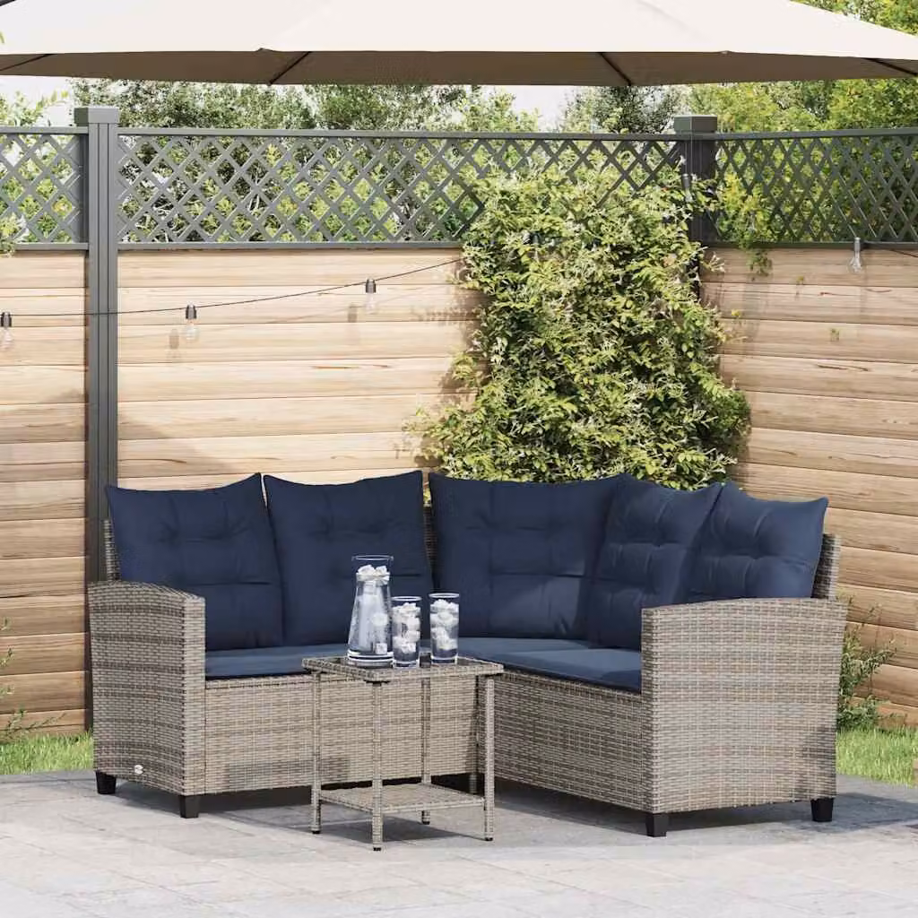 Set da giardino a L vidaXL con tavolo da caffè e cuscini imbottiti in rattan grigio e blu