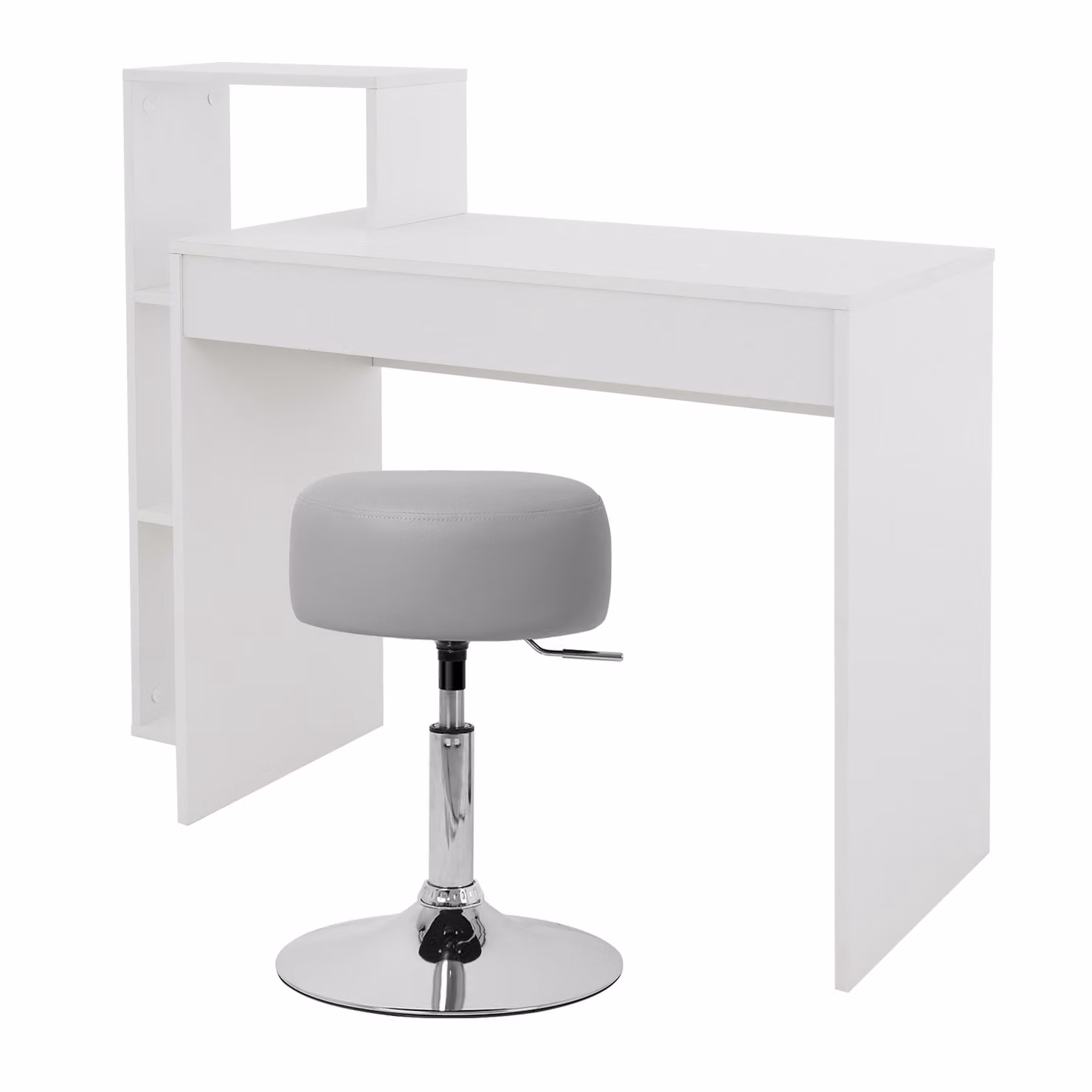 ML-Design scrivania con sgabello, bianco, scrivania per computer con ripiano, sgabello imbottito sgabello grigio chiaro, Ø33cm girevole regolabile in altezza