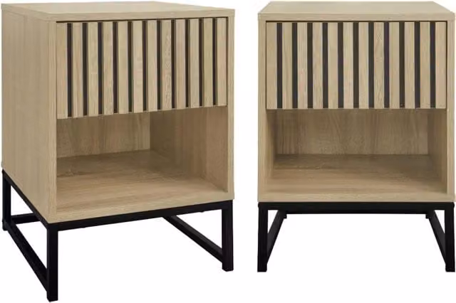 Set di 2 comodini contemporanei Sweeek con decoro in legno scanalato e 1 cassetto, colore marrone e nero