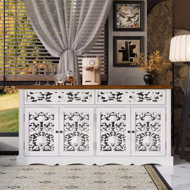 Mobile contenitore con 2 cassetti e 3 ante, colore bianco, piano in legno colorato, ante con motivo a fori, ripiani interni regolabili