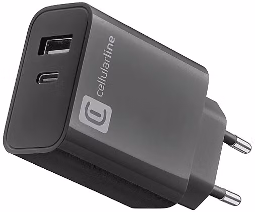 Caricabatterie da rete Cellularline 32W con porte USB-C e USB-A, Nero