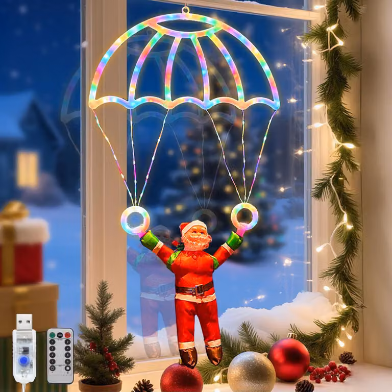 Catena luminosa a LED a forma di Babbo Natale con paracadute, 68 cm, multicolore, alimentazione USB, 8 modalità