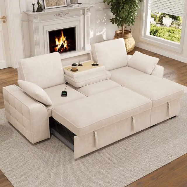 Divano angolare 3 posti estraibile ¨C Minimal ¨C Beige tessuto con porta bevande USB, schienale regolabile 237x141x86cm