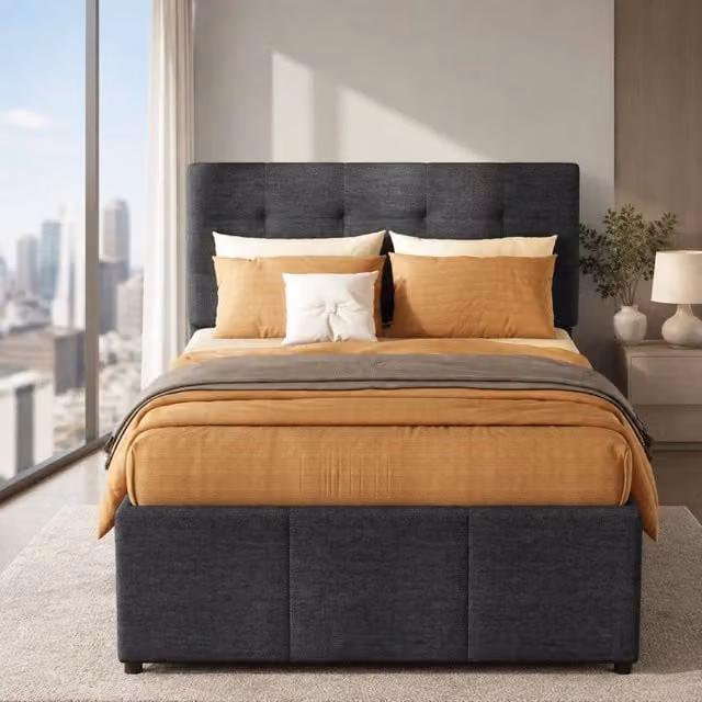 Letto singolo imbottito 90x200 cm con letto estraibile; 3 cassetti e testiera regolabile grigio