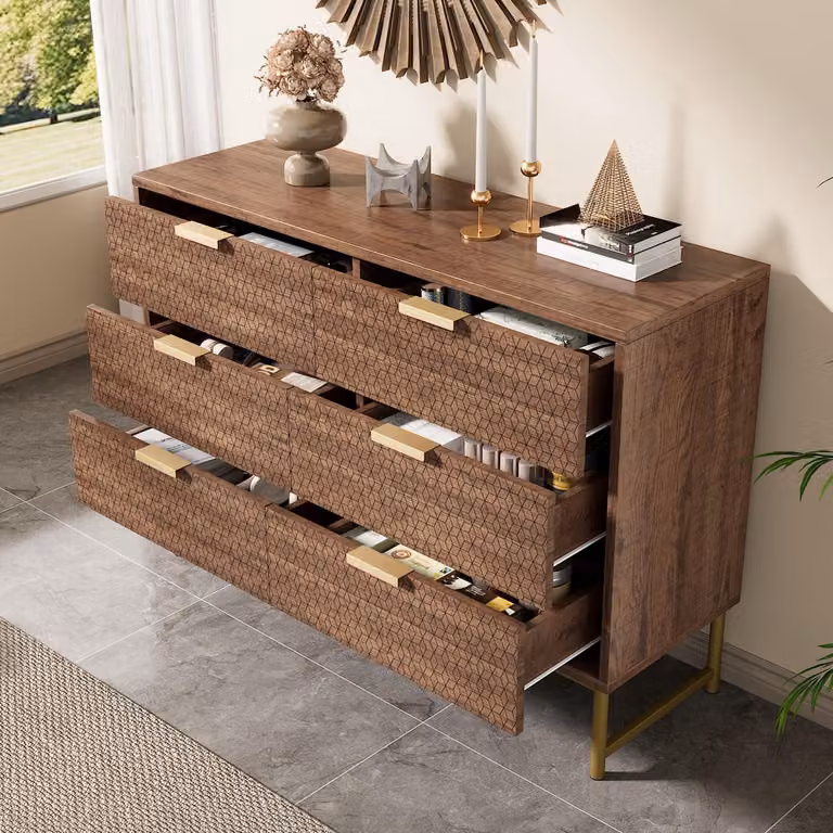 Comodino con 6 cassetti, in legno di noce, dimensioni 120 x 40 x 75 cm