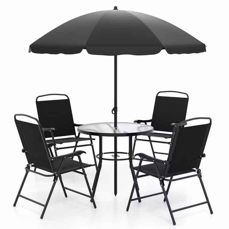 Set da pranzo da giardino Costway composto da tavolo rotondo in vetro temperato e 4 poltrone pieghevoli in acciaio nero