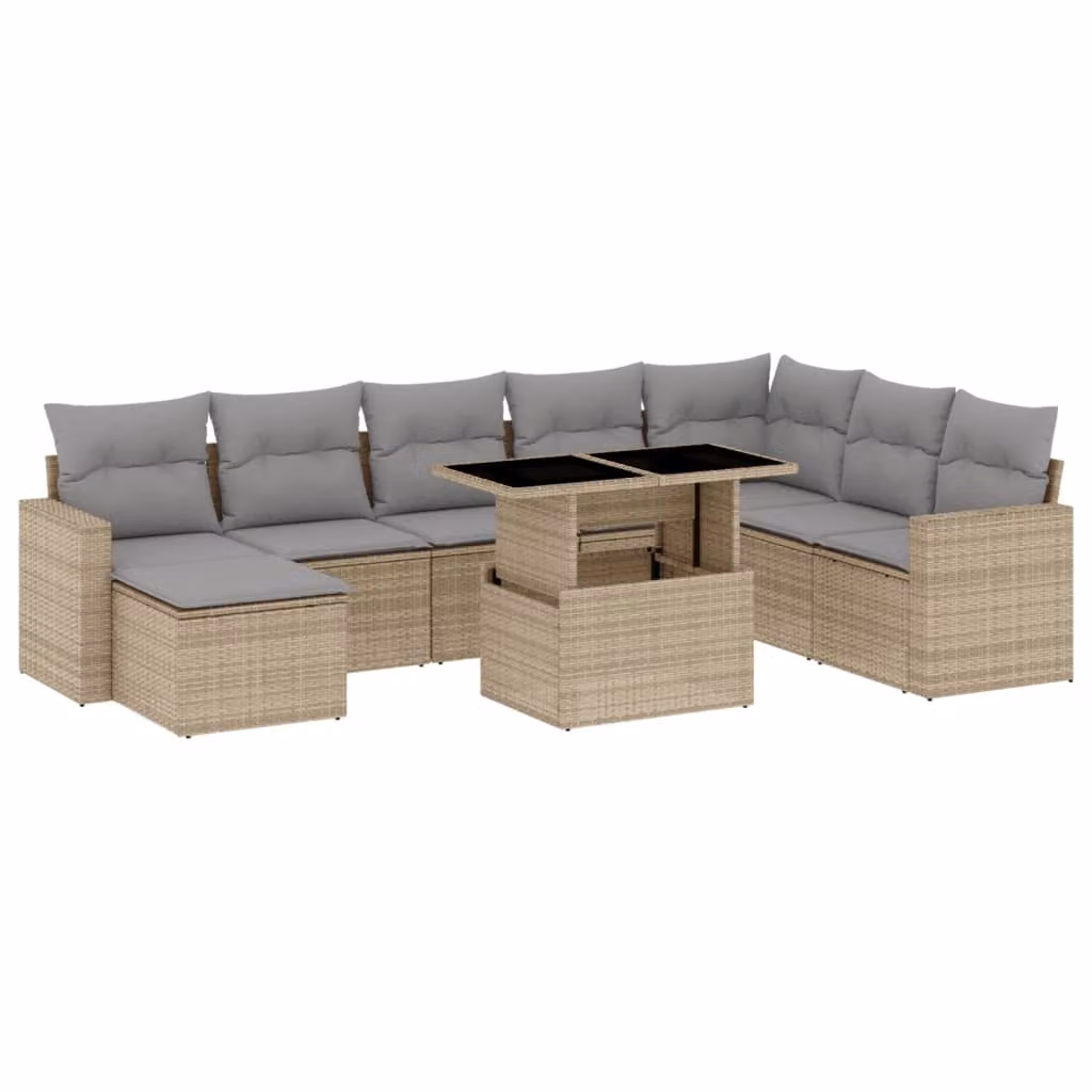 Set Divano da Giardino 9 pz con Cuscini Beige in Polyrattan