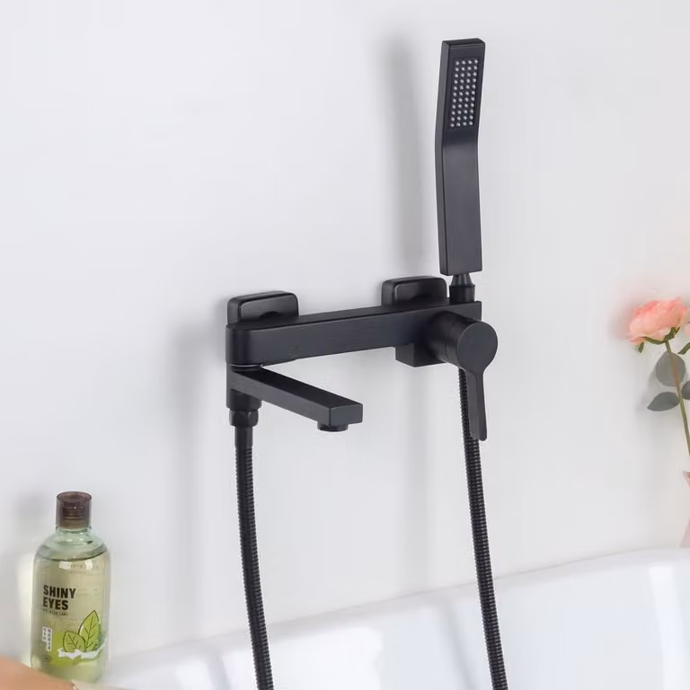Miscelatore per vasca da bagno da montare a parete, con doccetta manuale, bocchetta girevole a 90°, colore nero