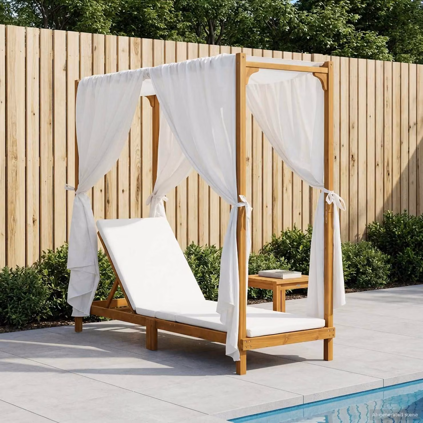 vidaXL Lettino Sole Singolo in Legno di Acacia con Tettoia e Tendine Beige e Bianco L: 200 cm, P: 110 cm, H: 68 cm