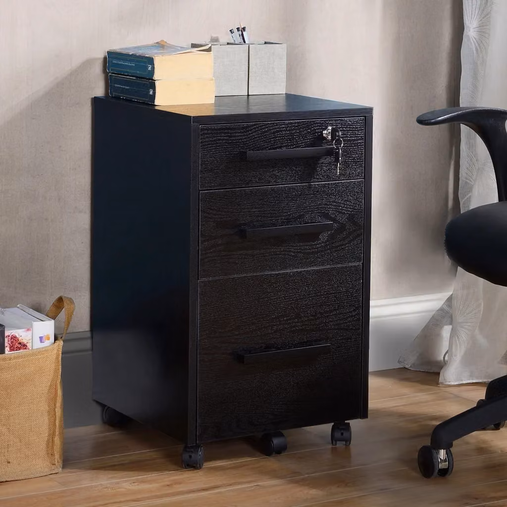 Cassettiera Minimal con 3 Cassetti e Serratura in Legno Nero L 39.2 cm, P 40 cm, H 65.4 cm – 2