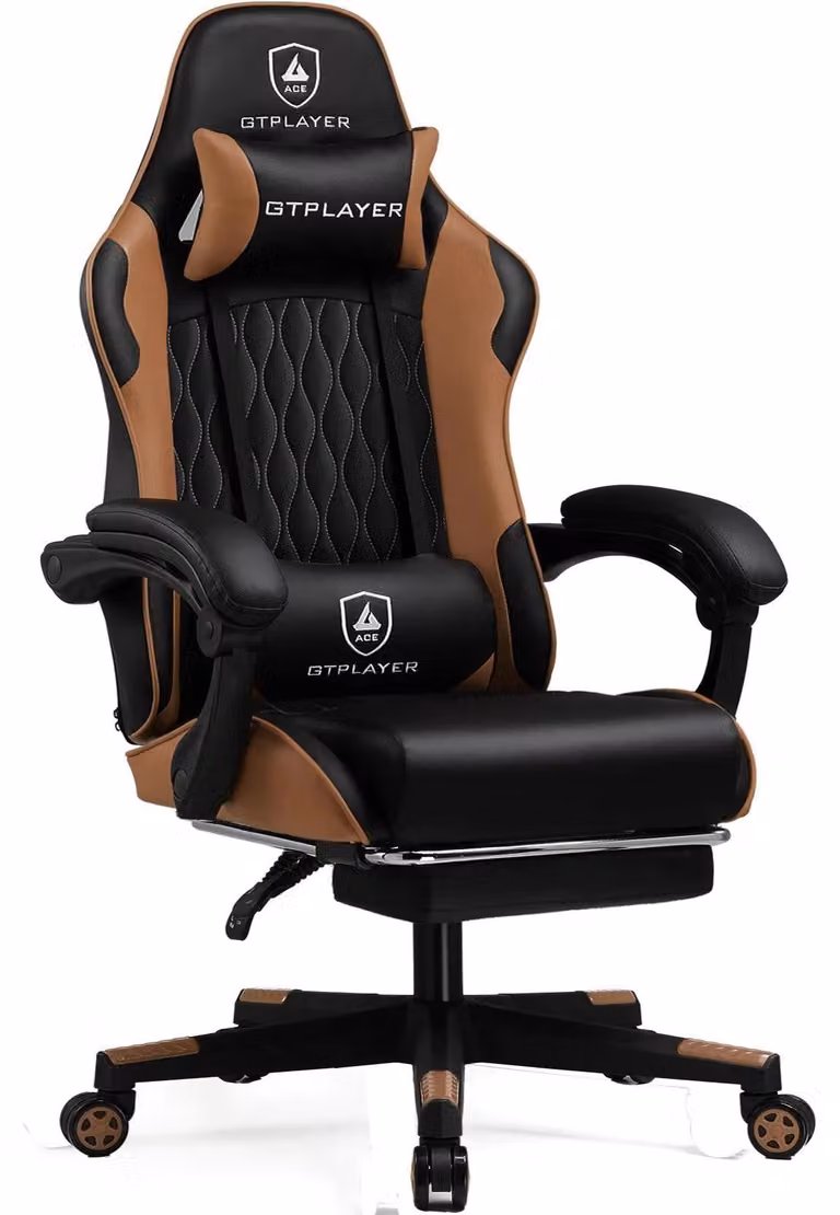 Sedia da gaming - GTP900 - Ergonomica con supporto lombare e cuscino - Poggiapiedi regolabile - Rotazione a 360° con ruote - Materiali: pelle e metallo - Peso massimo supportato: 150 kg - Colore: marrone medio