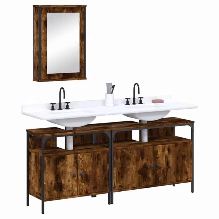 Set di mobili da bagno vidaXL 3 pezzi in stile industriale color marrone con armadietto specchio e mobile lavabo in legno, metallo e vetro