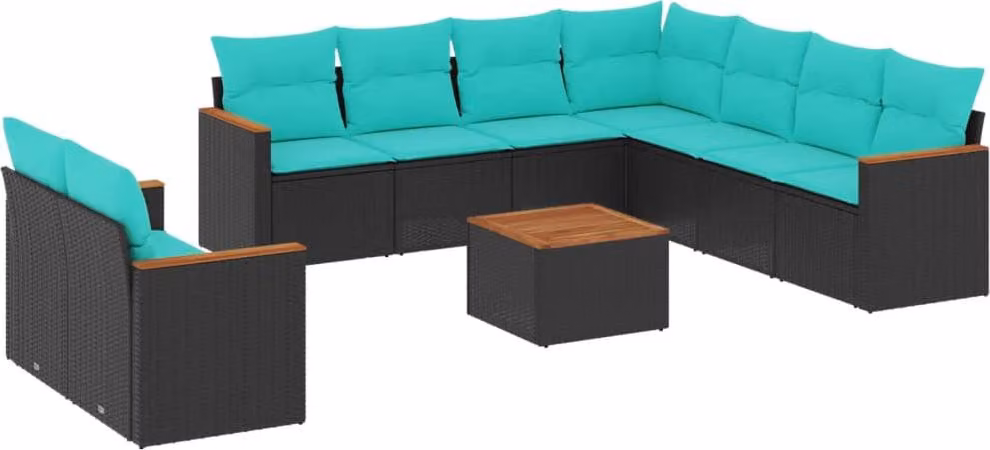 Set Divani da Giardino 10 pz con Cuscini Nero in Polyrattan