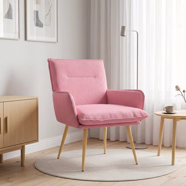 Poltrona lounge moderna vidaXL in tessuto rosa con struttura in metallo e braccioli